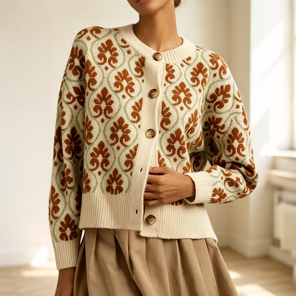 Ornate Floral Knit Cardigan With Button Front - Camel