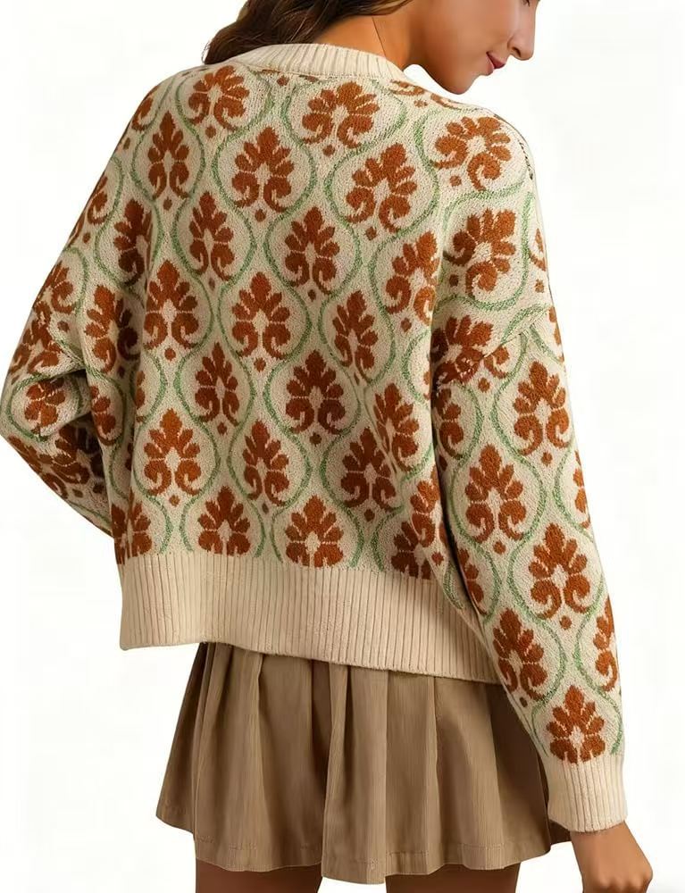 Ornate Floral Knit Cardigan With Button Front - Camel - 1
