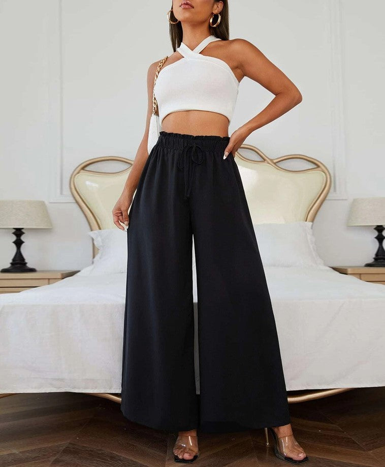 Paperbag Waist Wide Leg Trousers - Black