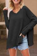Ribbed Sleeve V-Neck Split Hem Tunic Sweater - Black