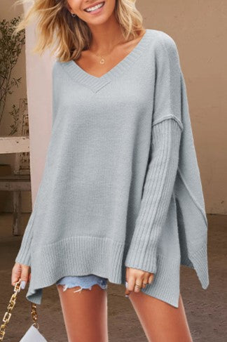 Ribbed Sleeve V-Neck Split Hem Tunic Sweater - Grey - 1