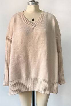 Ribbed Sleeve V-Neck Split Hem Tunic Sweater - LT-Taupe - 3