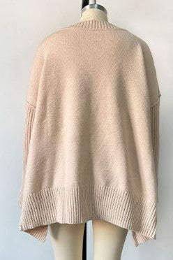 Ribbed Sleeve V-Neck Split Hem Tunic Sweater - LT-Taupe - 4