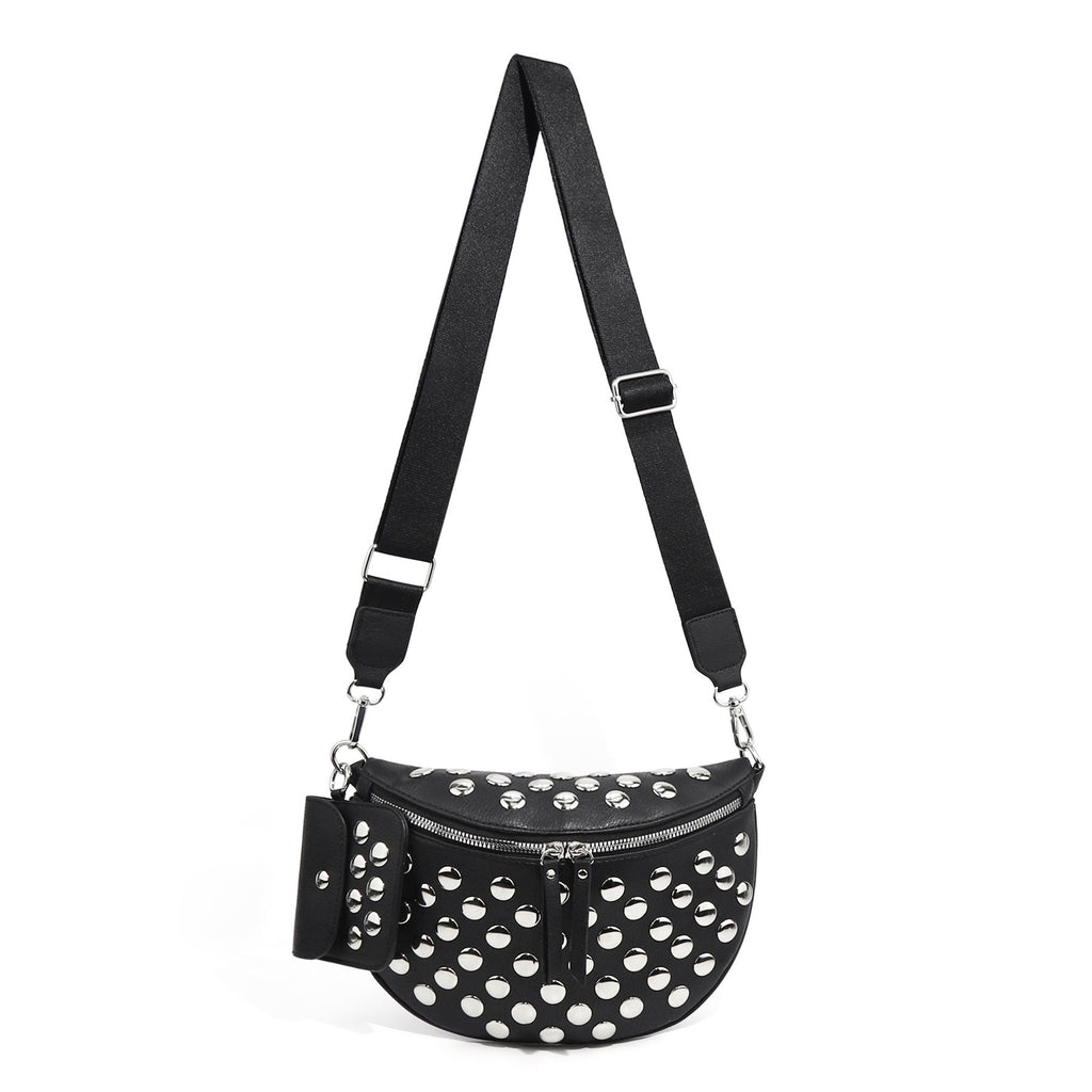 Half Moon Sling Bag with Card Pouch - Studded Black