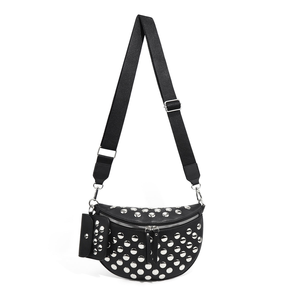Half Moon Sling Bag with Card Pouch - Studded Black