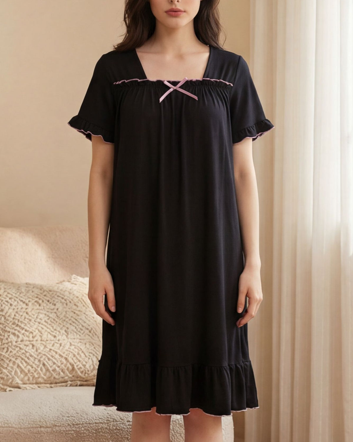 Flutter Sleeve Ruffle Hem Midi Nightgown - Black