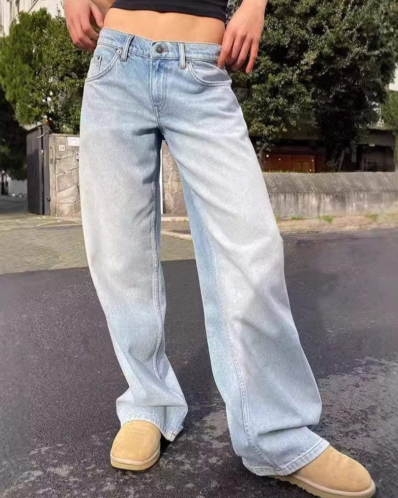 Vintage Wash Mid Rise Wide Leg Jeans - Blue-Black