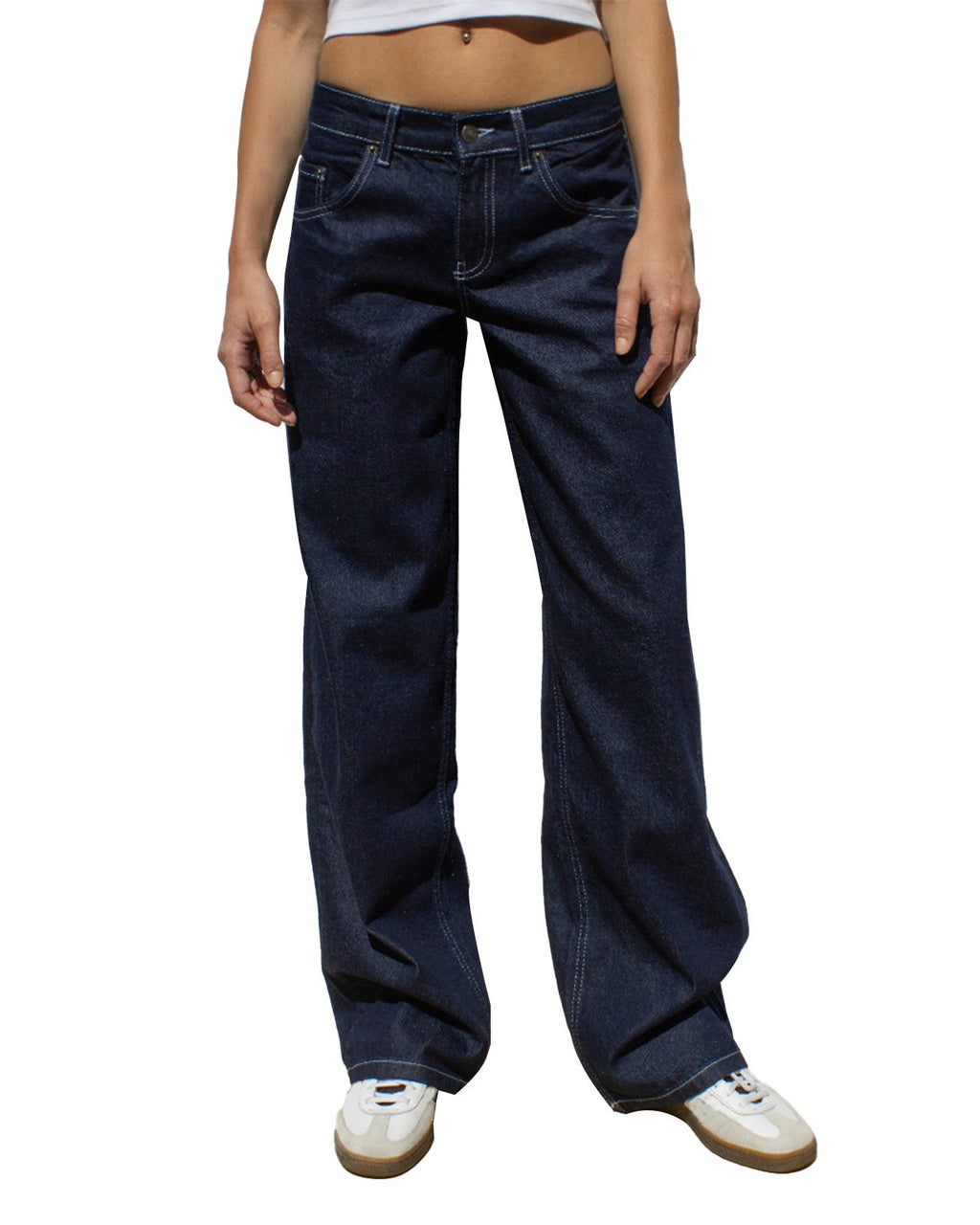 Vintage Wash Mid Rise Wide Leg Jeans - Blue-Black - 1