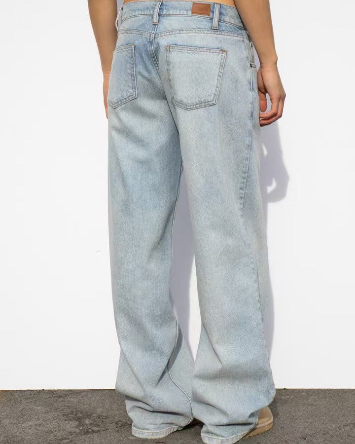 Vintage Wash Mid Rise Wide Leg Jeans - Blue-Black - 2