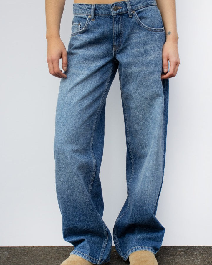 Vintage Wash Mid Rise Wide Leg Jeans - Dark-Blue
