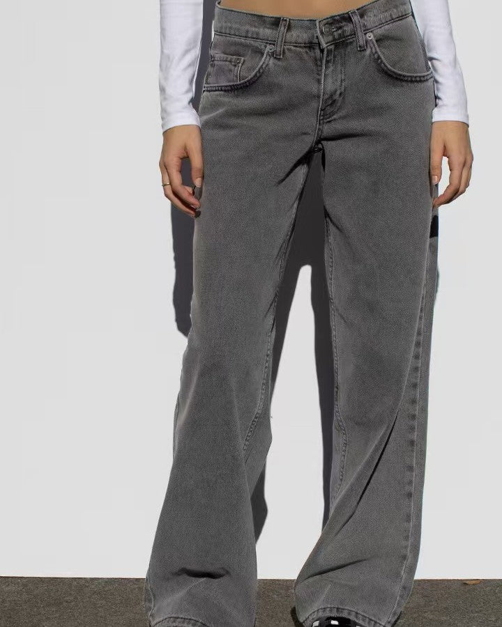 Vintage Wash Mid Rise Wide Leg Jeans - Dark-Gray