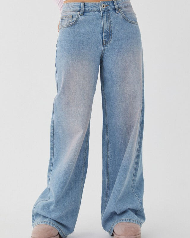 Vintage Wash Mid Rise Wide Leg Jeans - Lake-Blue
