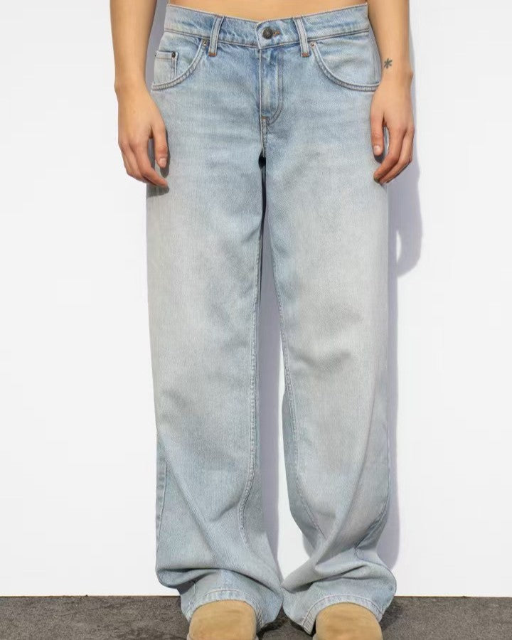 Vintage Wash Mid Rise Wide Leg Jeans - Light-Blue