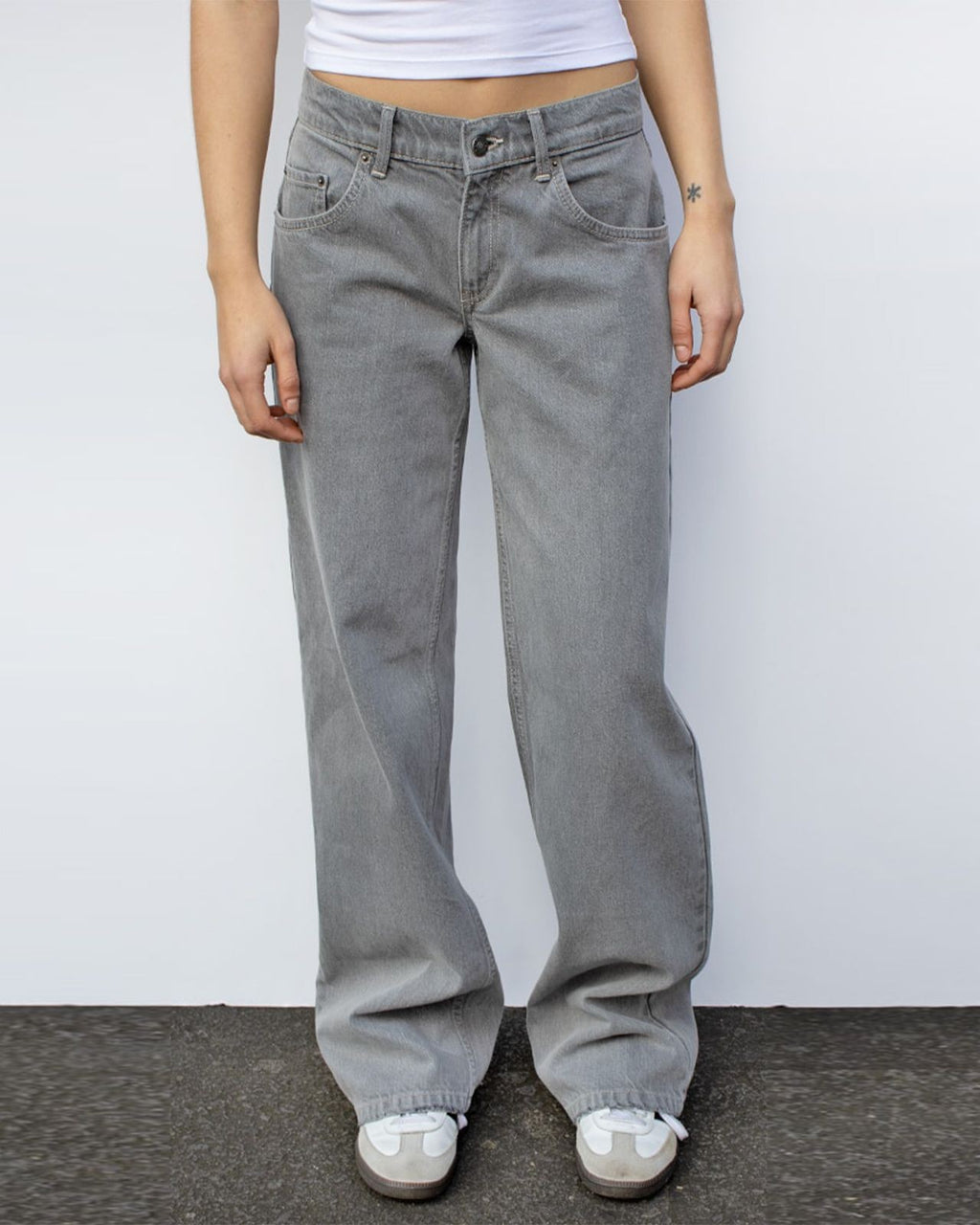 Vintage Wash Mid Rise Wide Leg Jeans - Light-Gray