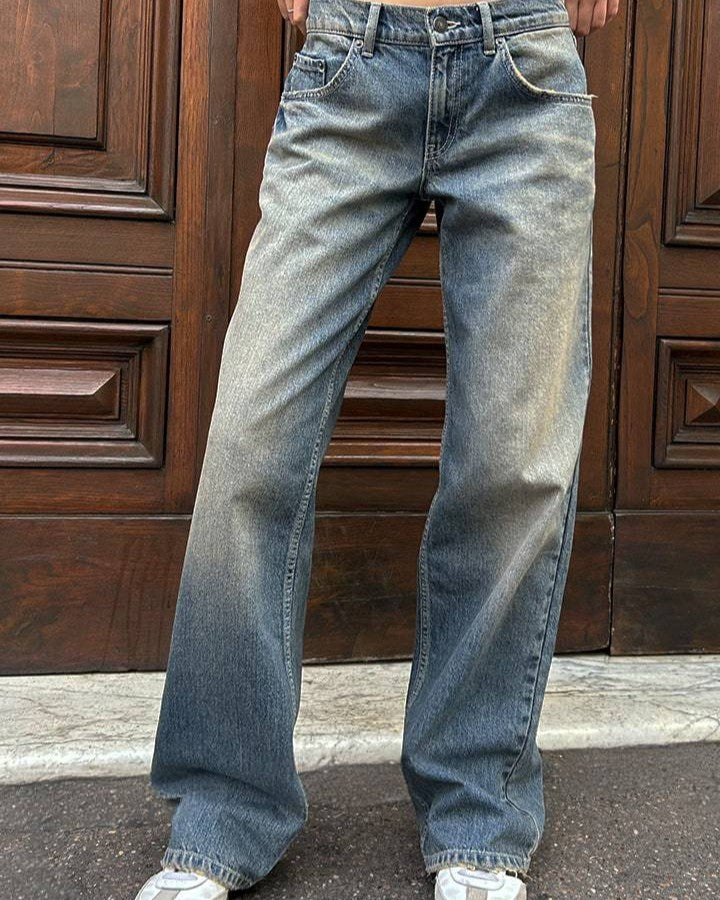 Vintage Wash Mid Rise Wide Leg Jeans - Retro-Blue