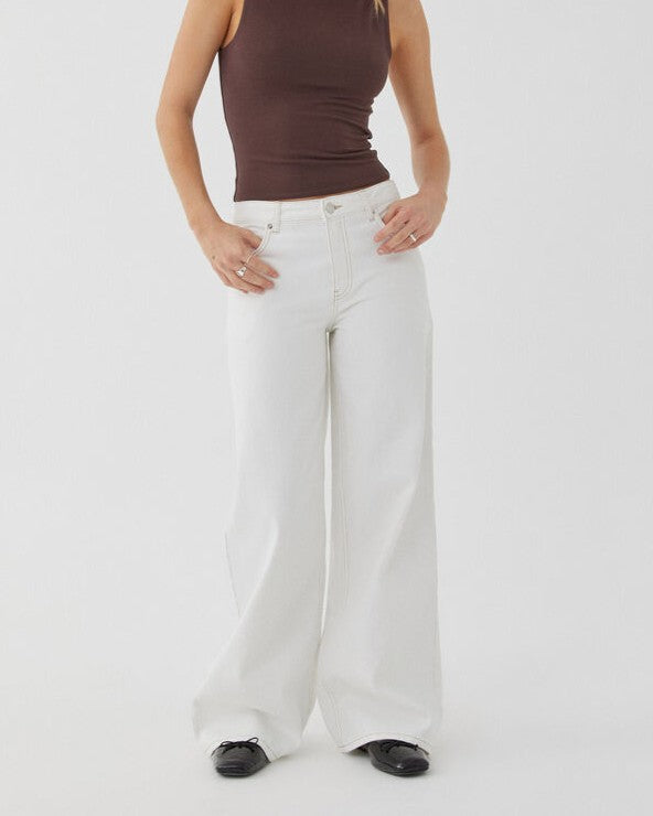 Vintage Wash Mid Rise Wide Leg Jeans - White
