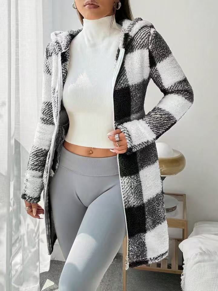 Plaid Sherpa Hooded Zip Front Jacket - Black