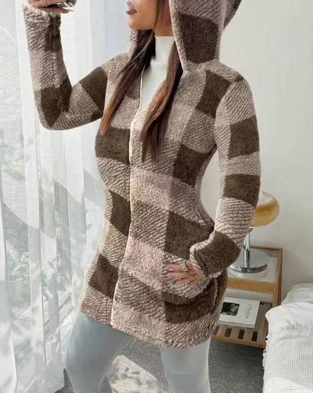 Plaid Sherpa Hooded Zip Front Jacket - Coffee