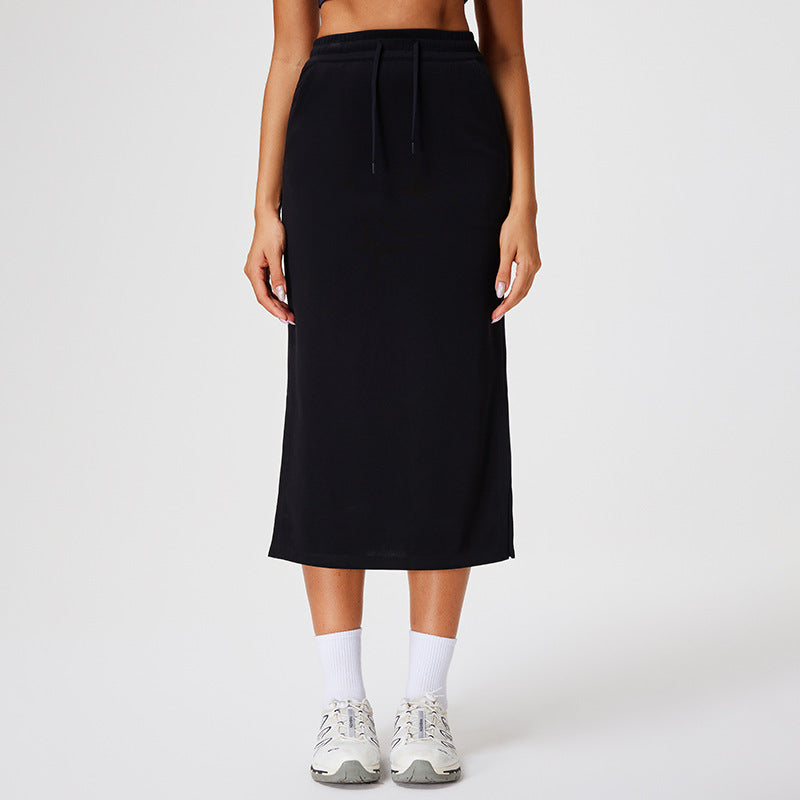 High Waist Drawstring Midi Sweat Skirt - Black
