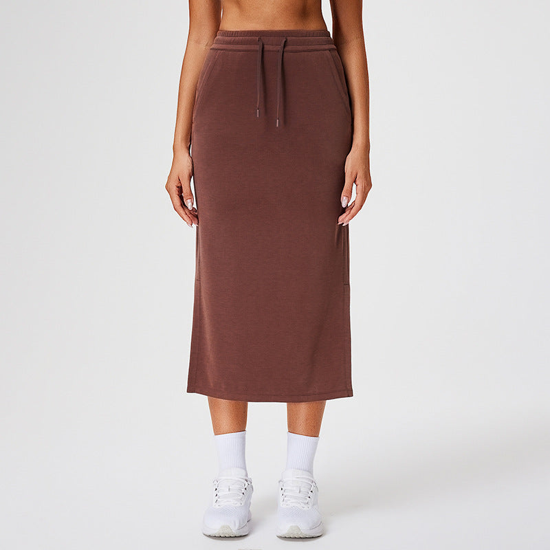 High Waist Drawstring Midi Sweat Skirt - Coffee