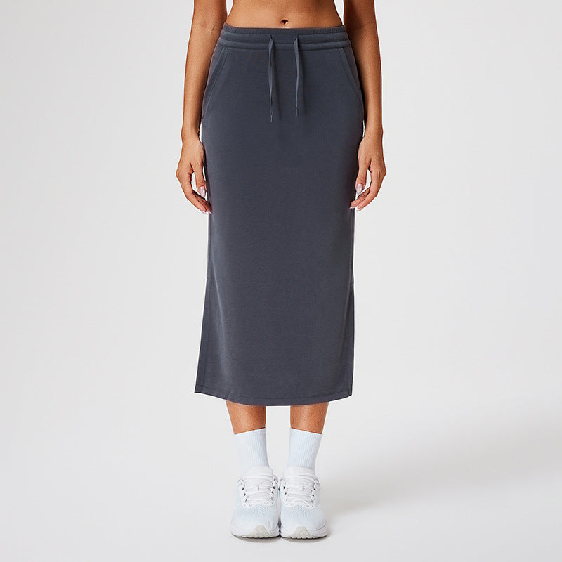High Waist Drawstring Midi Sweat Skirt - Grey