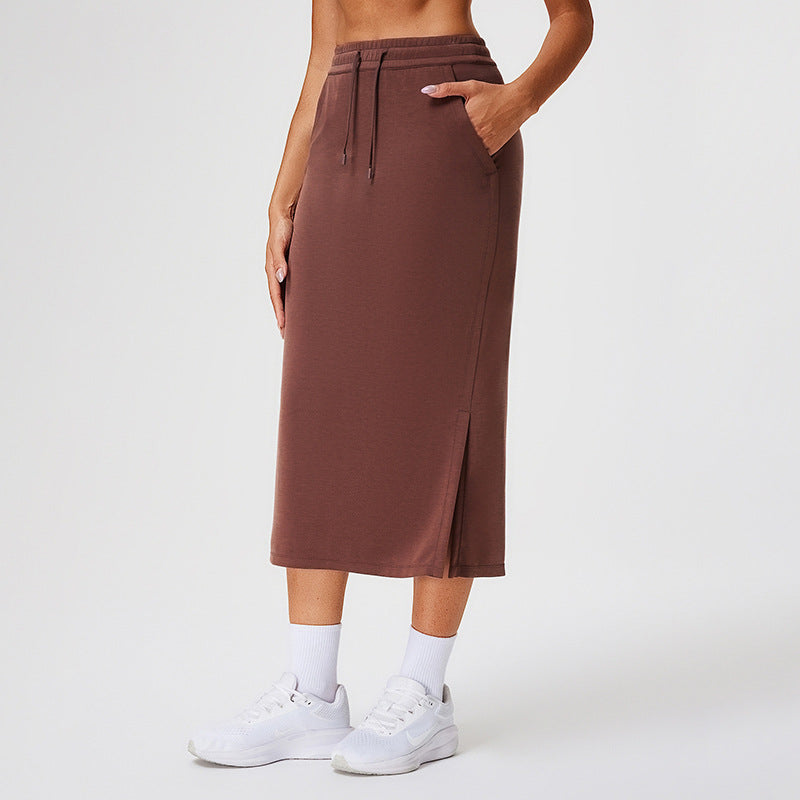 High Waist Drawstring Midi Sweat Skirt