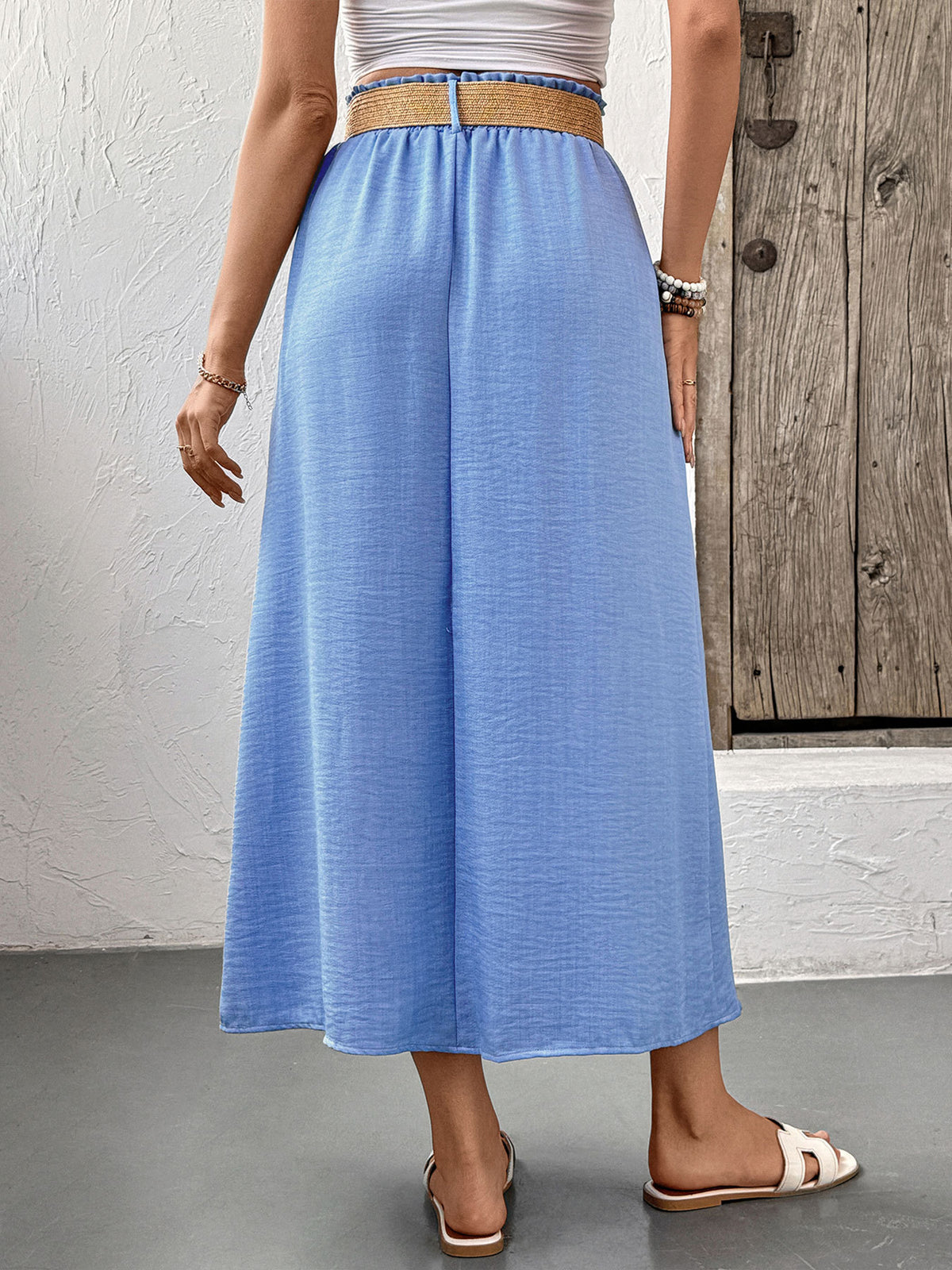 Paperbag Waist Button Front Midi Skirt - Blue - 1