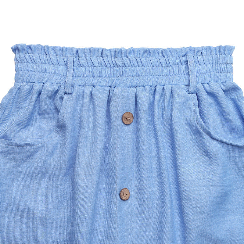 Paperbag Waist Button Front Midi Skirt - Blue - 3