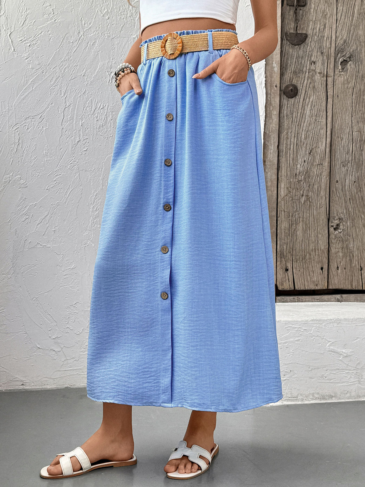 Paperbag Waist Button Front Midi Skirt
