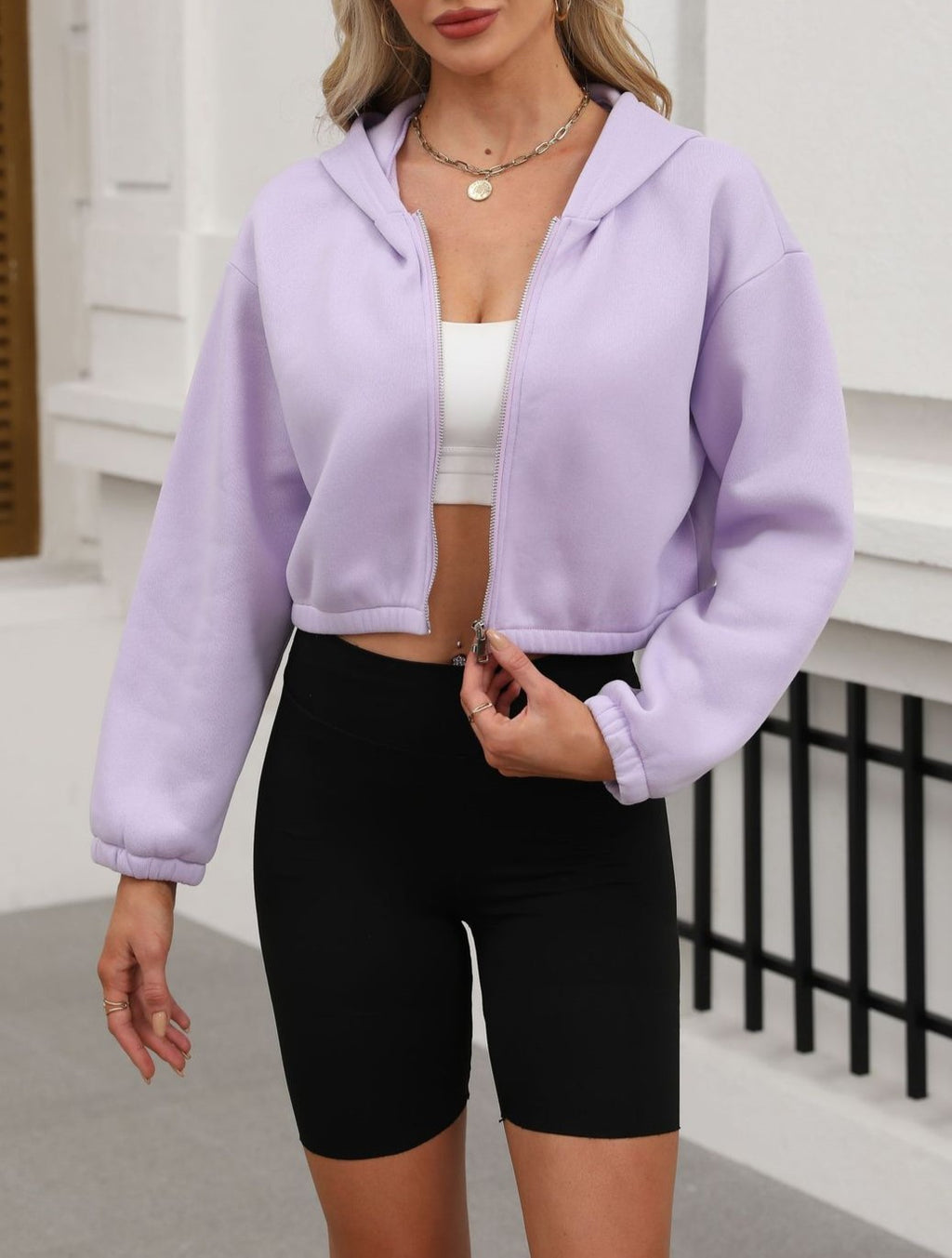 Boxy Crop Fleece Zip Sweatshirt - Purple