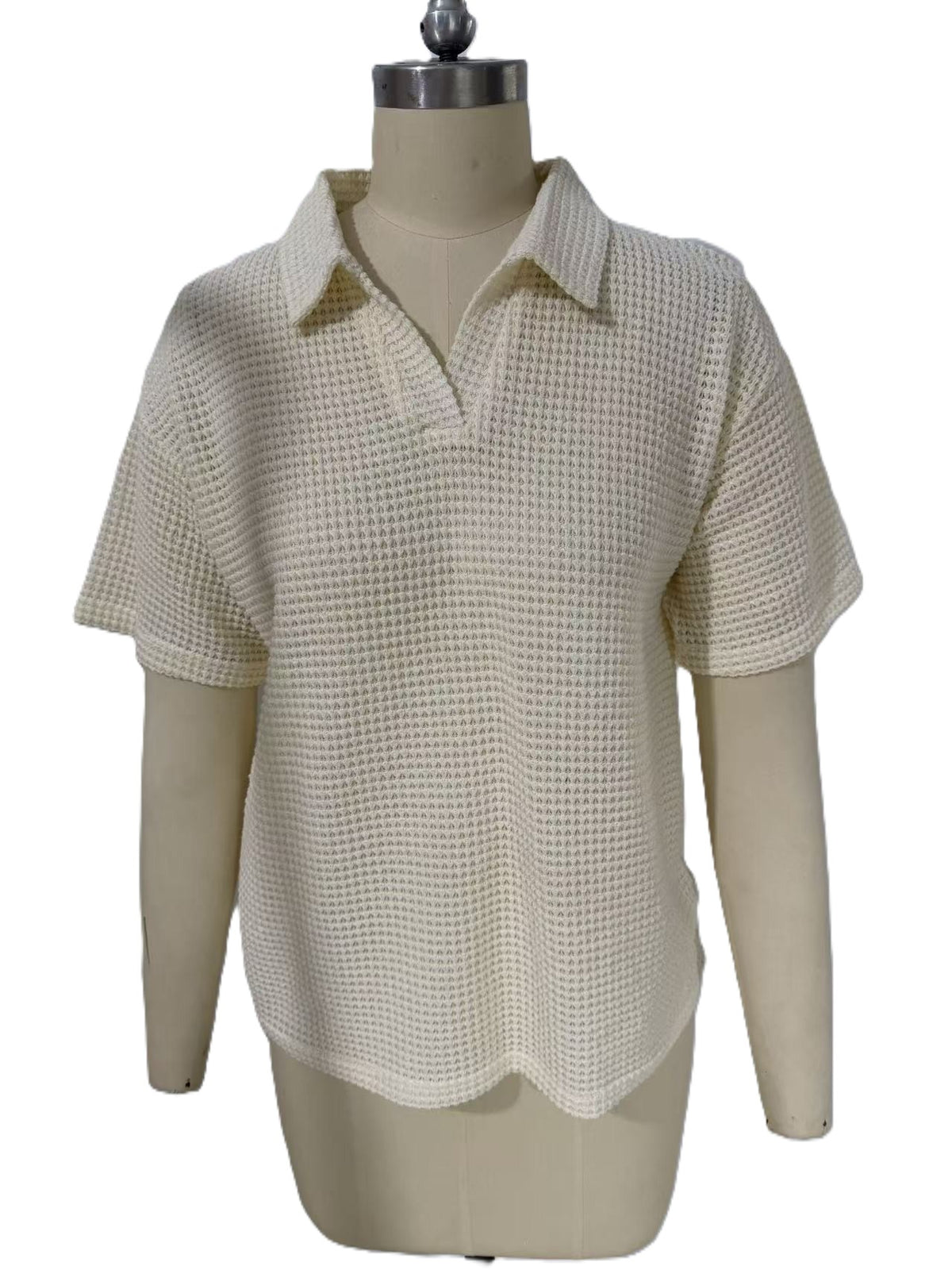 Striped Waffle Knit Collared Short Sleeve Top - Apricot-1