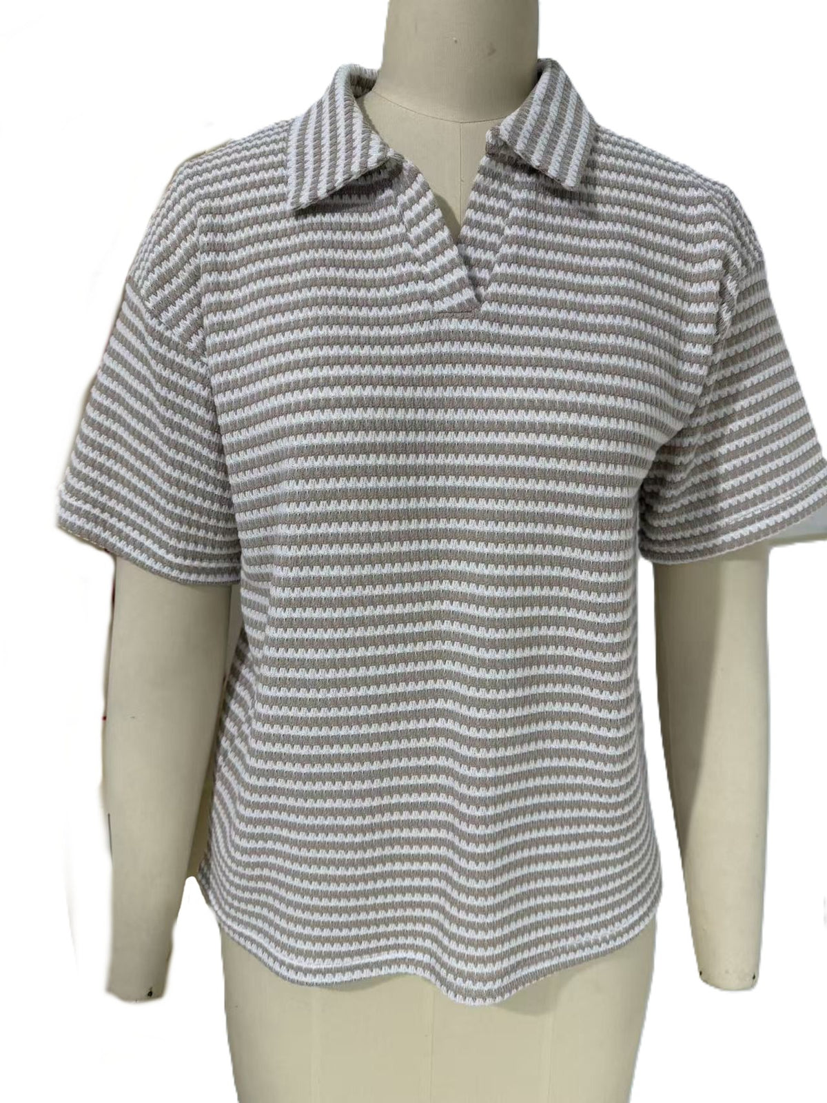 Striped Waffle Knit Collared Short Sleeve Top - Apricot-2