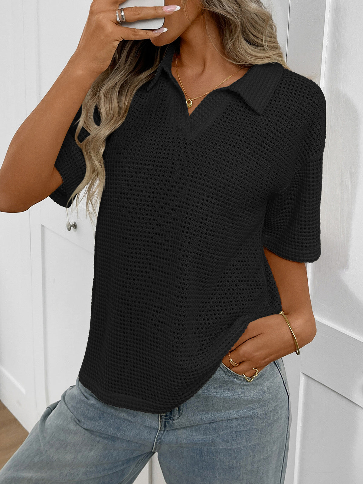 Striped Waffle Knit Collared Short Sleeve Top - Black