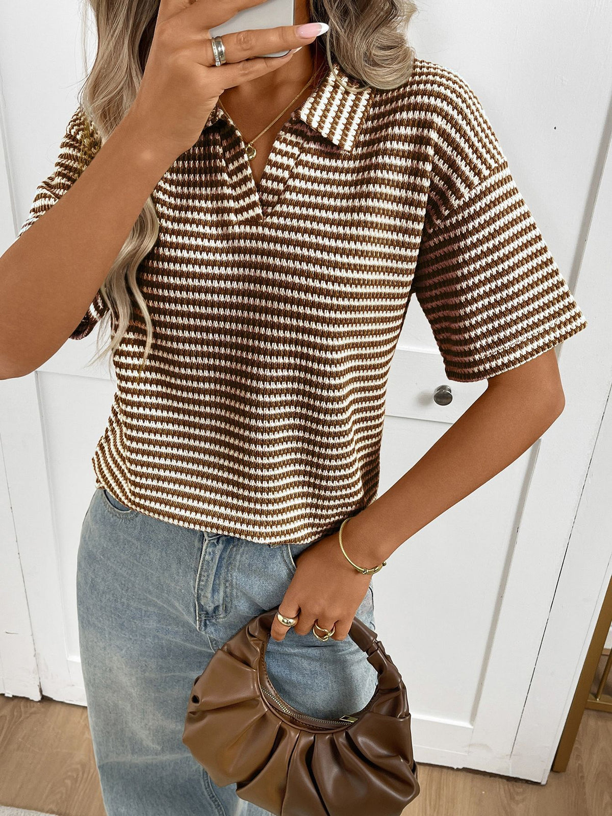 Striped Waffle Knit Collared Short Sleeve Top - Coffee - 1