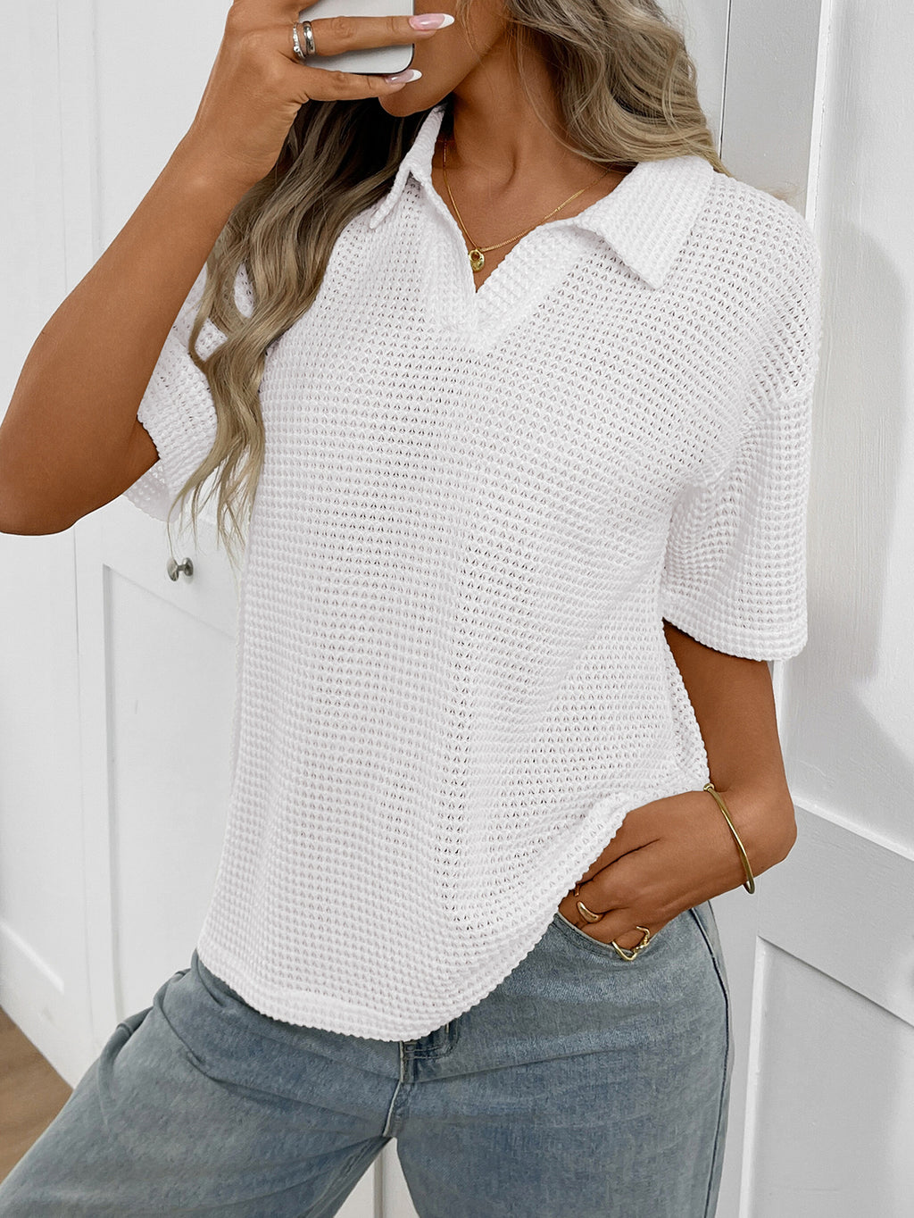 Striped Waffle Knit Collared Short Sleeve Top - White