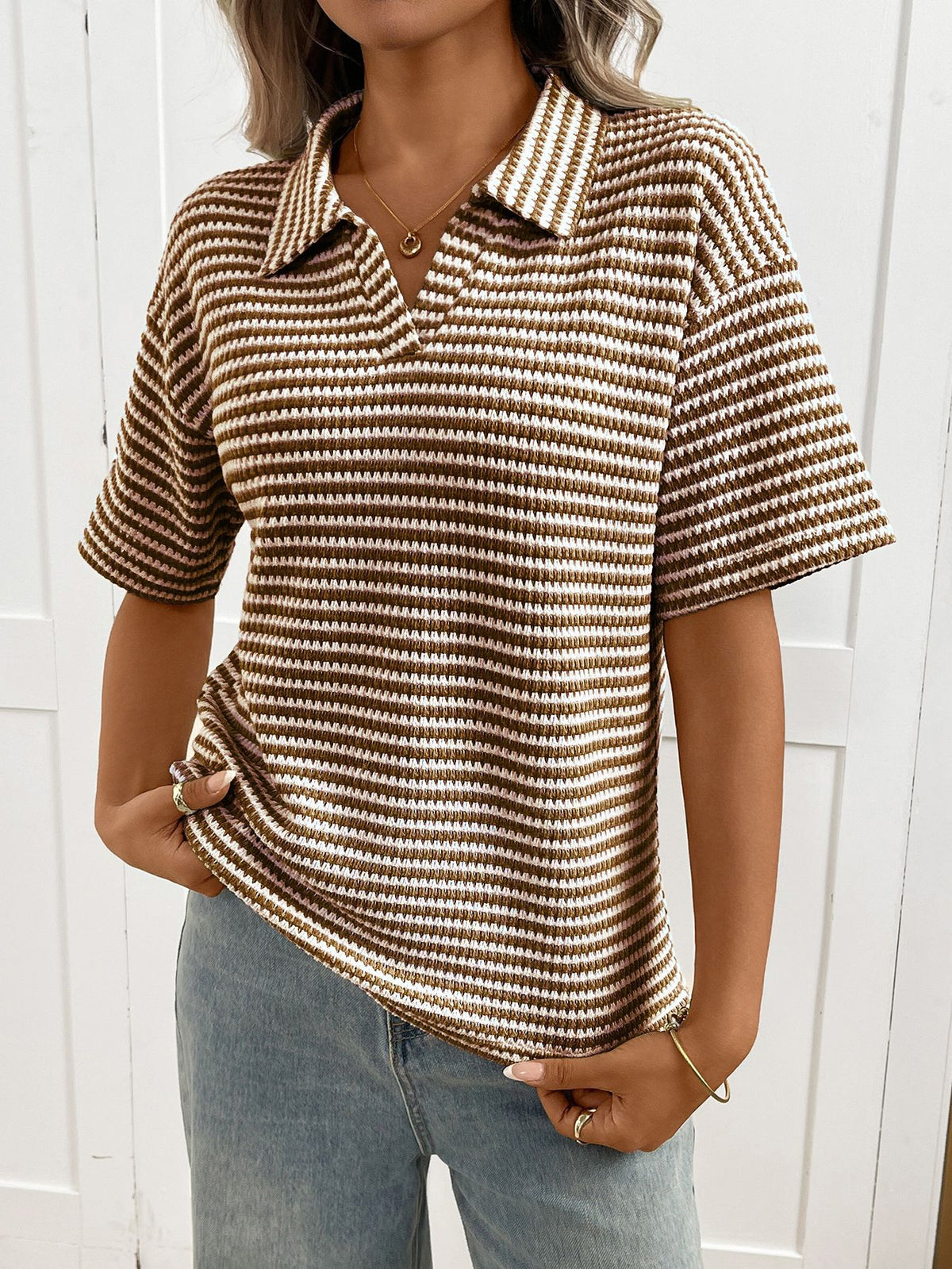 Striped Waffle Knit Collared Short Sleeve Top
