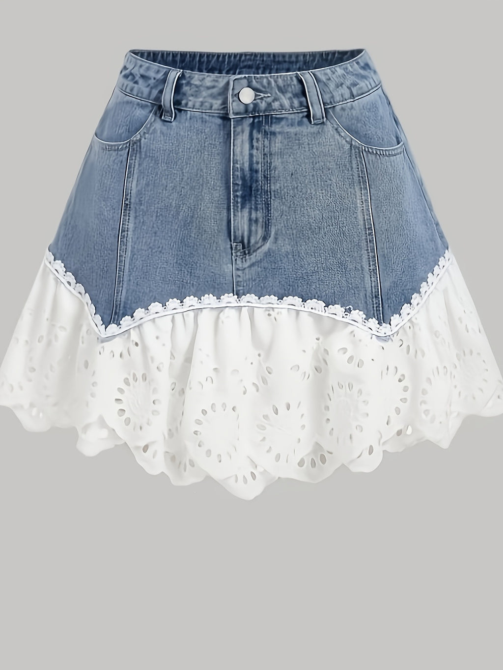 Eyelet Ruffle Hem Denim Mini Skirt - Blue - 1