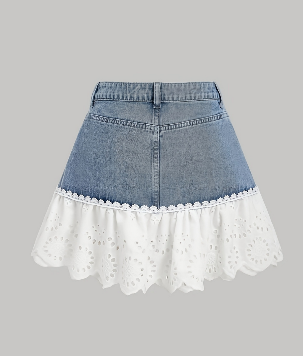 Eyelet Ruffle Hem Denim Mini Skirt - Blue - 2