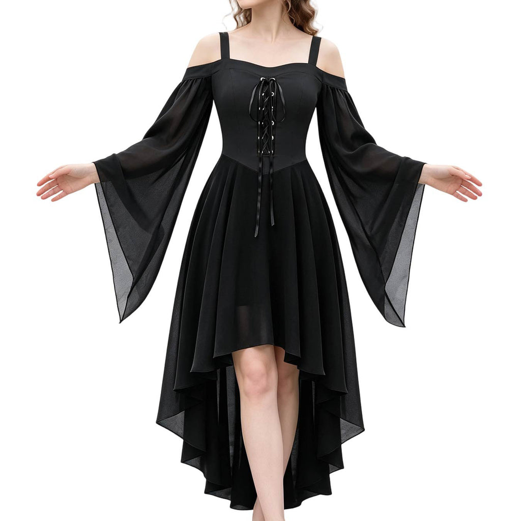Lace Up Cold Shoulder High Low Gothic Dress - Black