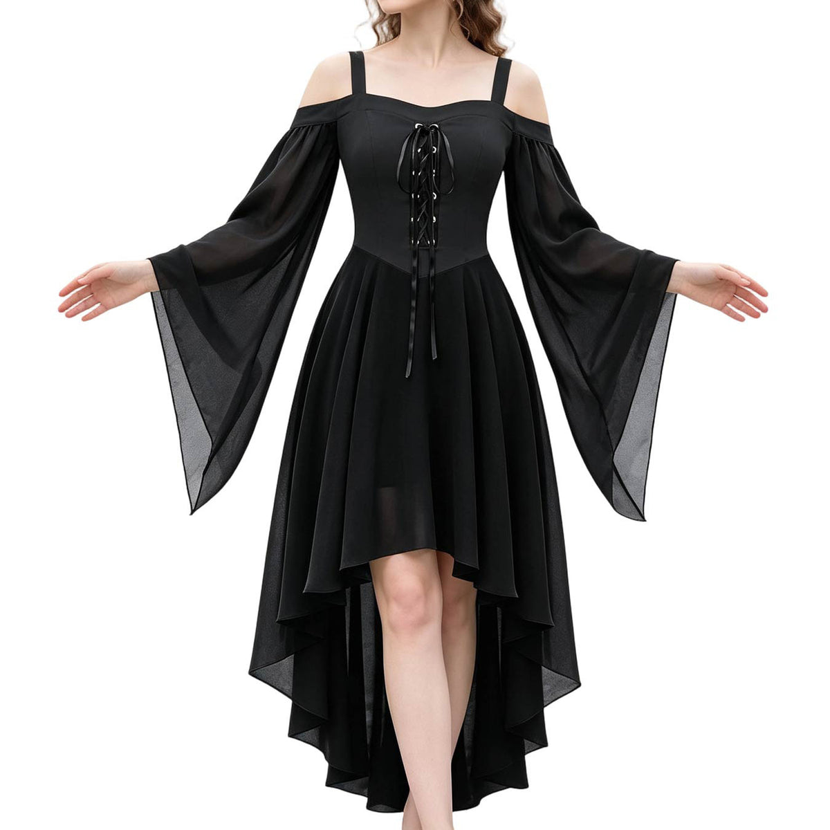 Lace Up Cold Shoulder High Low Gothic Dress - Black
