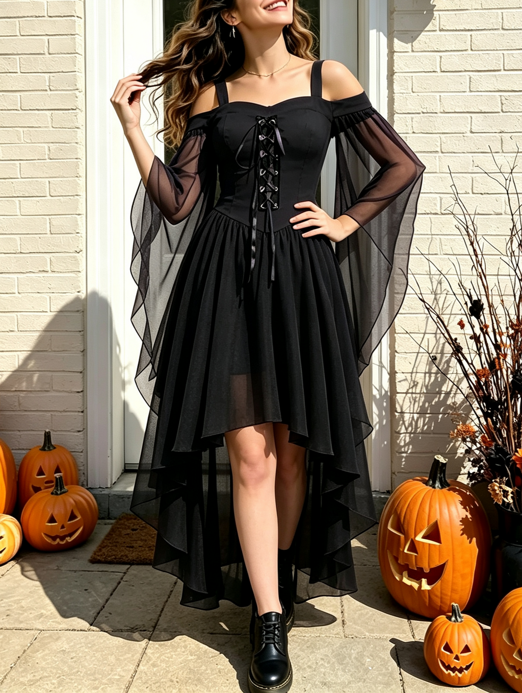 Lace Up Cold Shoulder High Low Gothic Dress - Black - 2