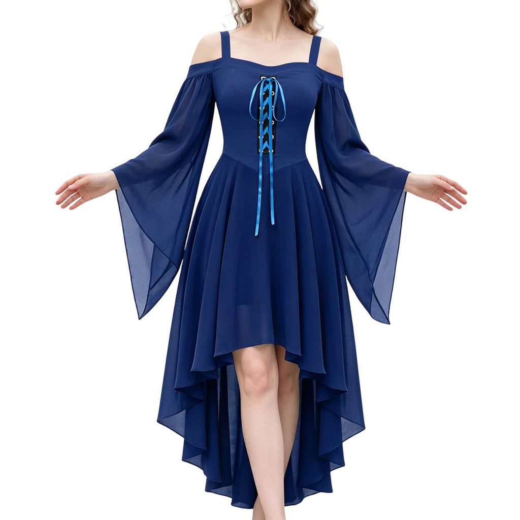 Lace Up Cold Shoulder High Low Gothic Dress - Blue