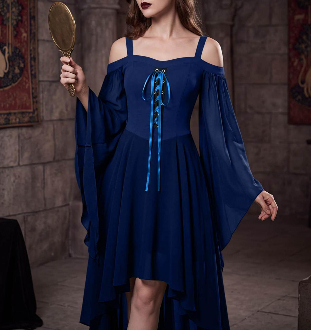 Lace Up Cold Shoulder High Low Gothic Dress - Blue - 1
