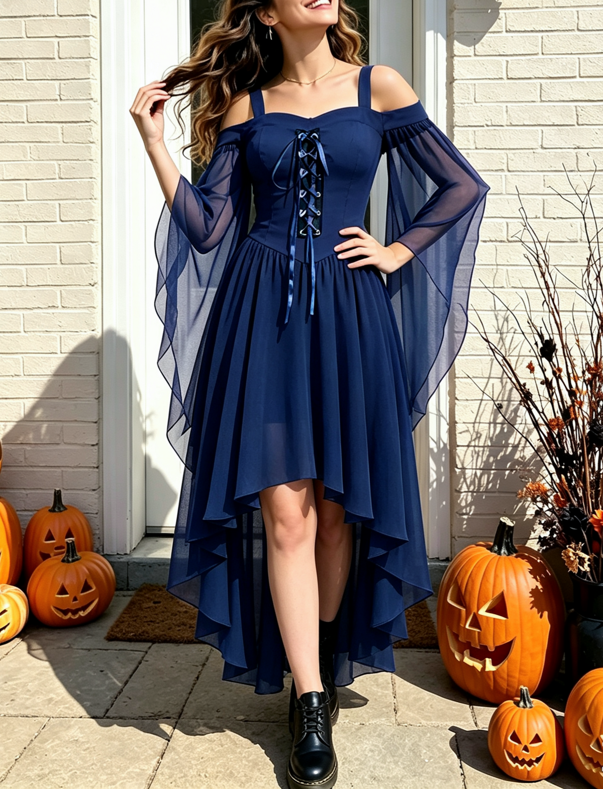 Lace Up Cold Shoulder High Low Gothic Dress - Blue - 2