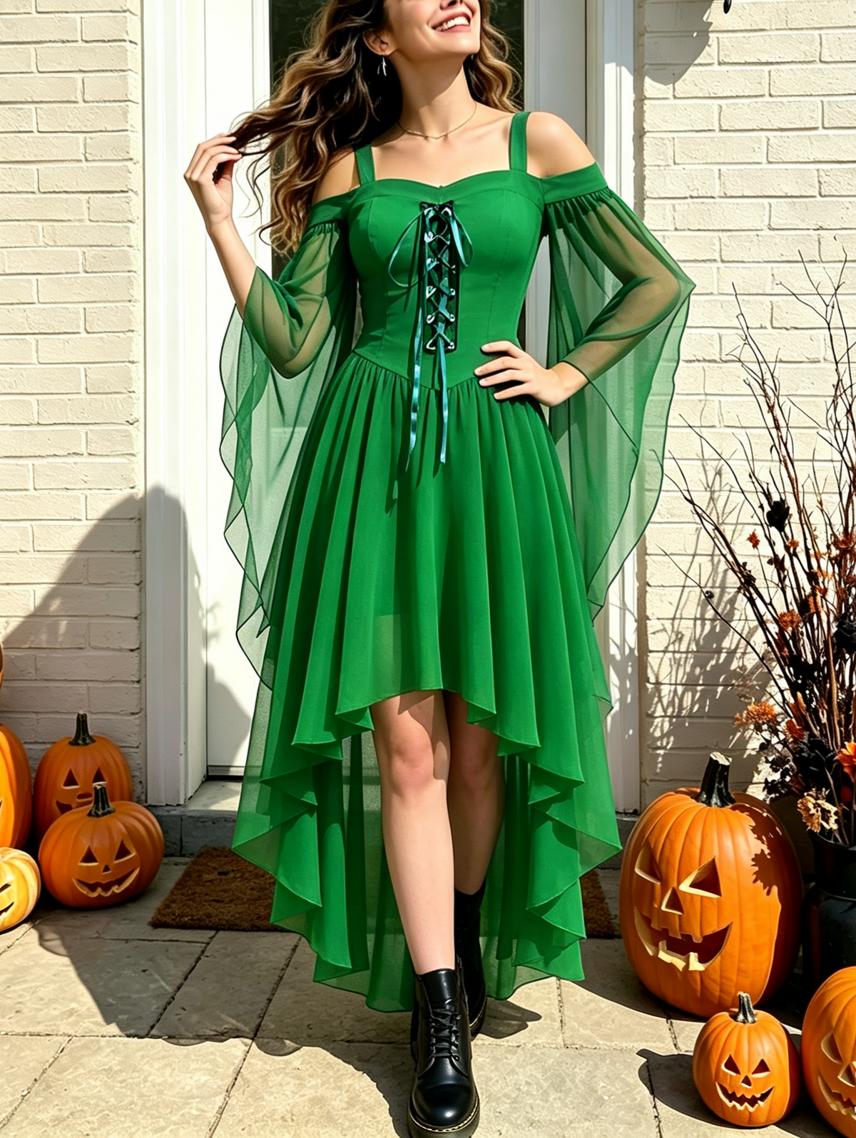 Lace Up Cold Shoulder High Low Gothic Dress - Green
