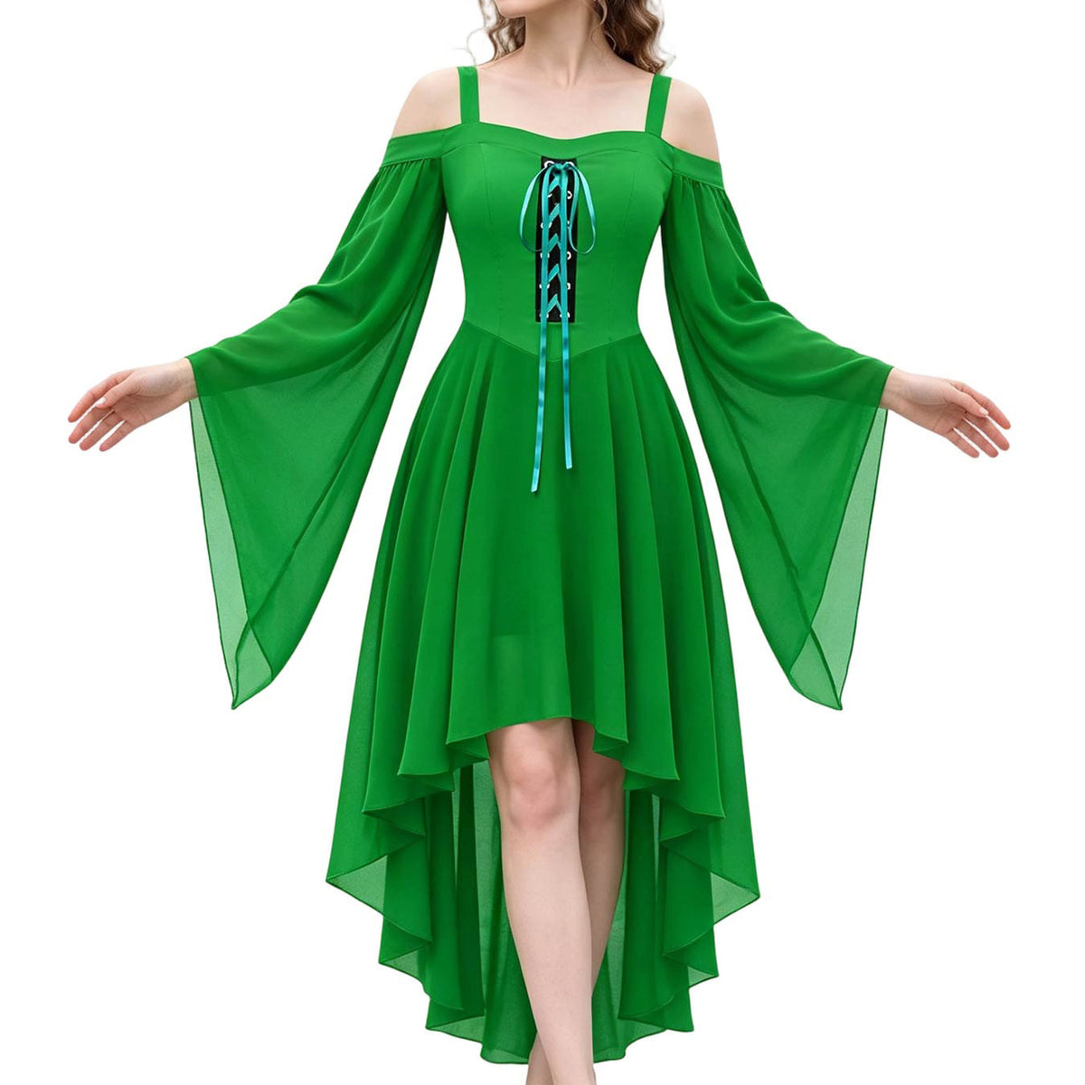 Lace Up Cold Shoulder High Low Gothic Dress - Green - 1