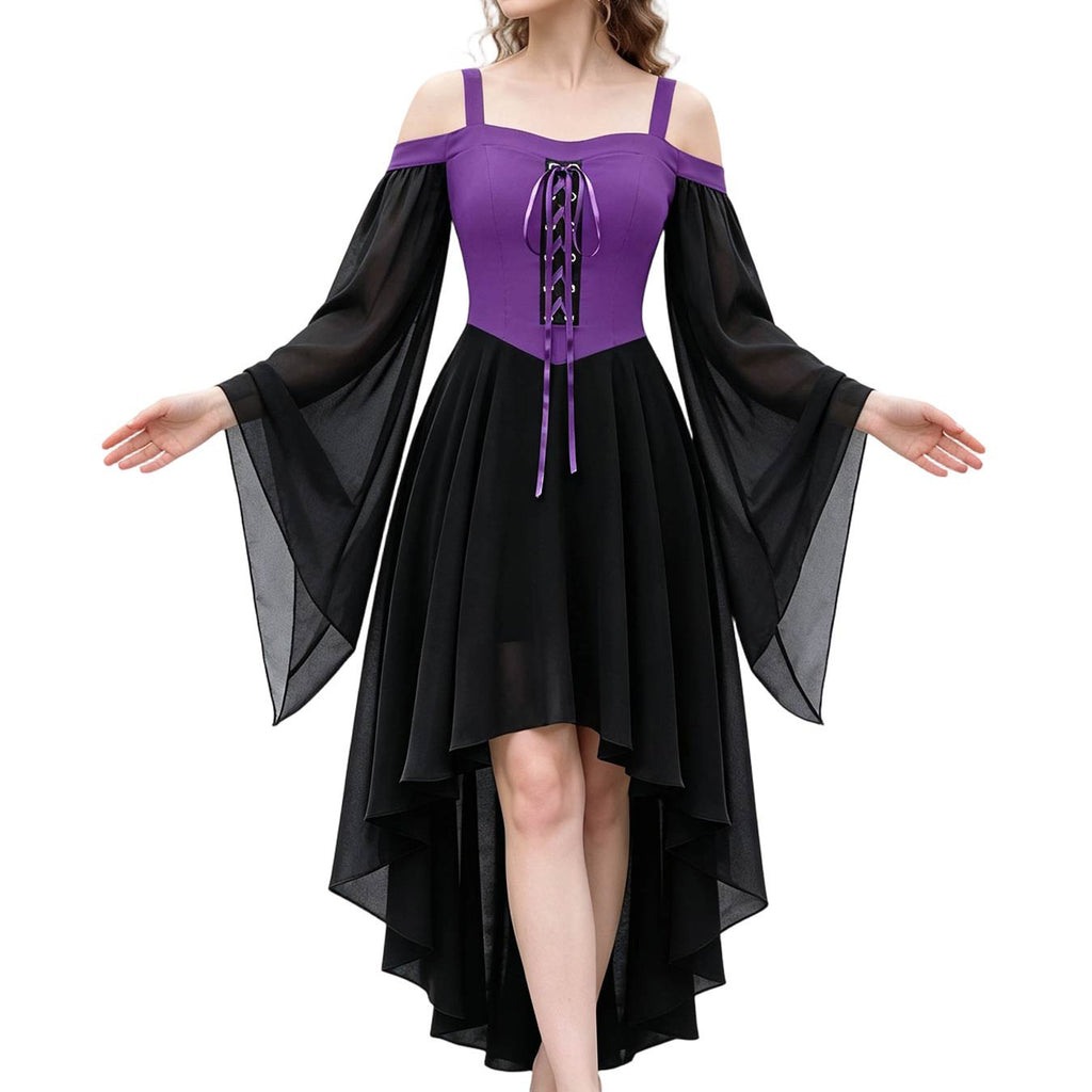 Lace Up Cold Shoulder High Low Gothic Dress - PBlack