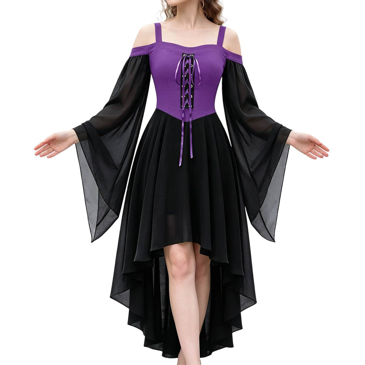 Lace Up Cold Shoulder High Low Gothic Dress - PBlack
