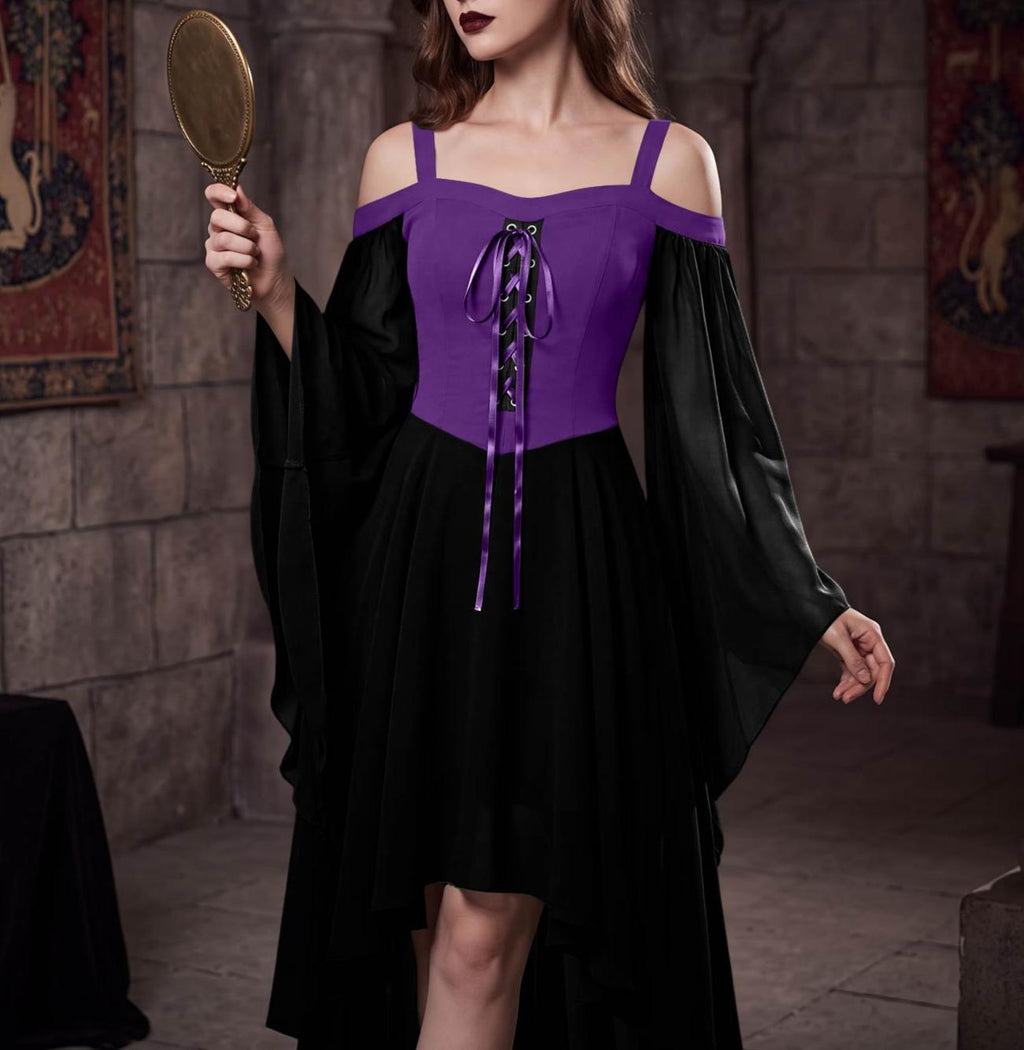 Lace Up Cold Shoulder High Low Gothic Dress - PBlack - 1