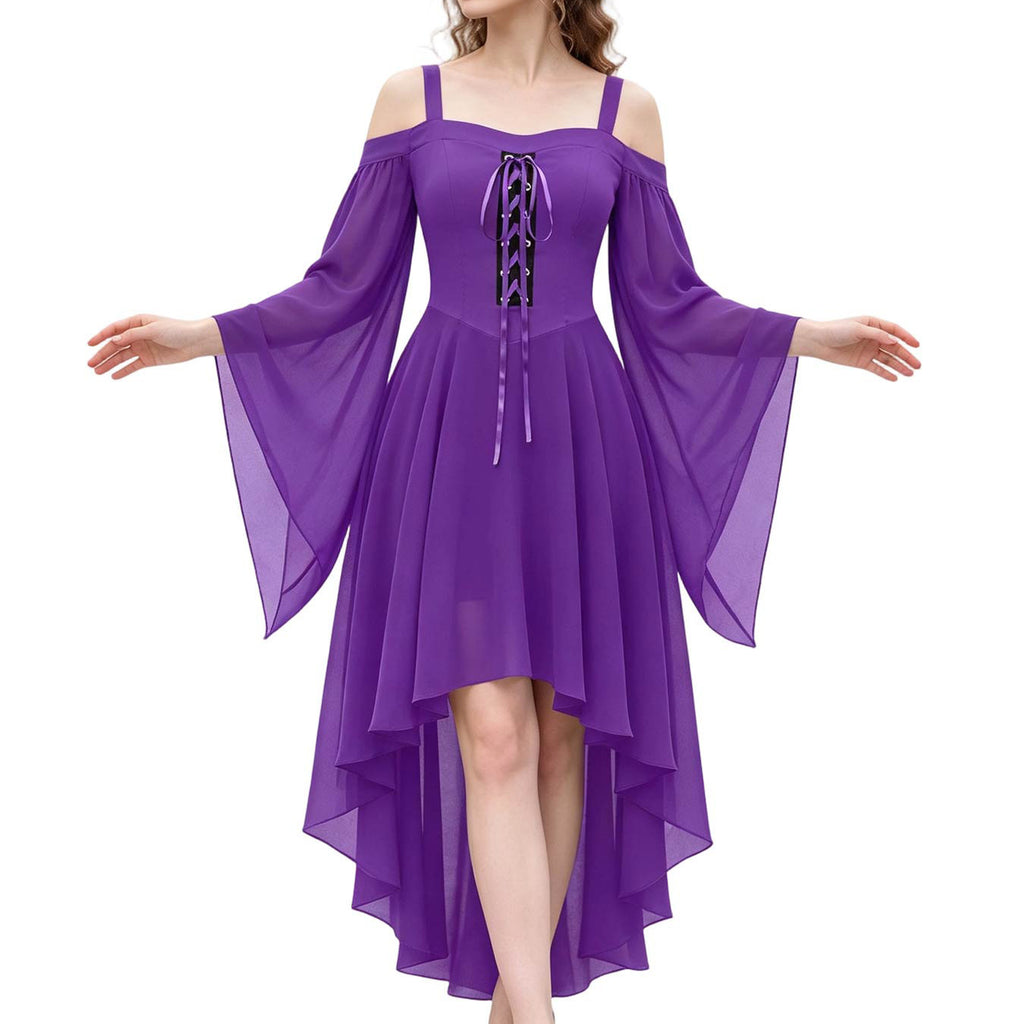 Lace Up Cold Shoulder High Low Gothic Dress - Purple